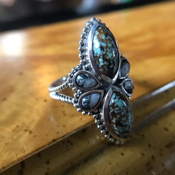 Natural White Buffalo Royston Blue Horizon Turquoise Sterling Silver Ring Size 9 - Picture 4 of 9